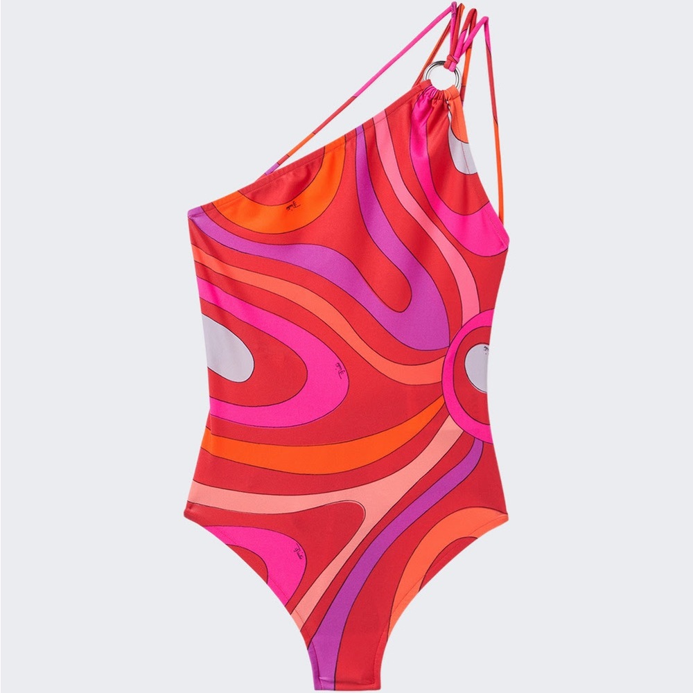 Emilio Pucci One-Shoulder Swimsuit in Red, Pink, Orange, Purple